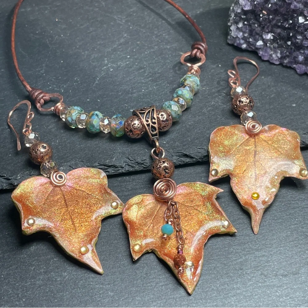 Autumn Leaf Jewelry Set Fairycore Earrings And Pendant | Artisan Jewelry